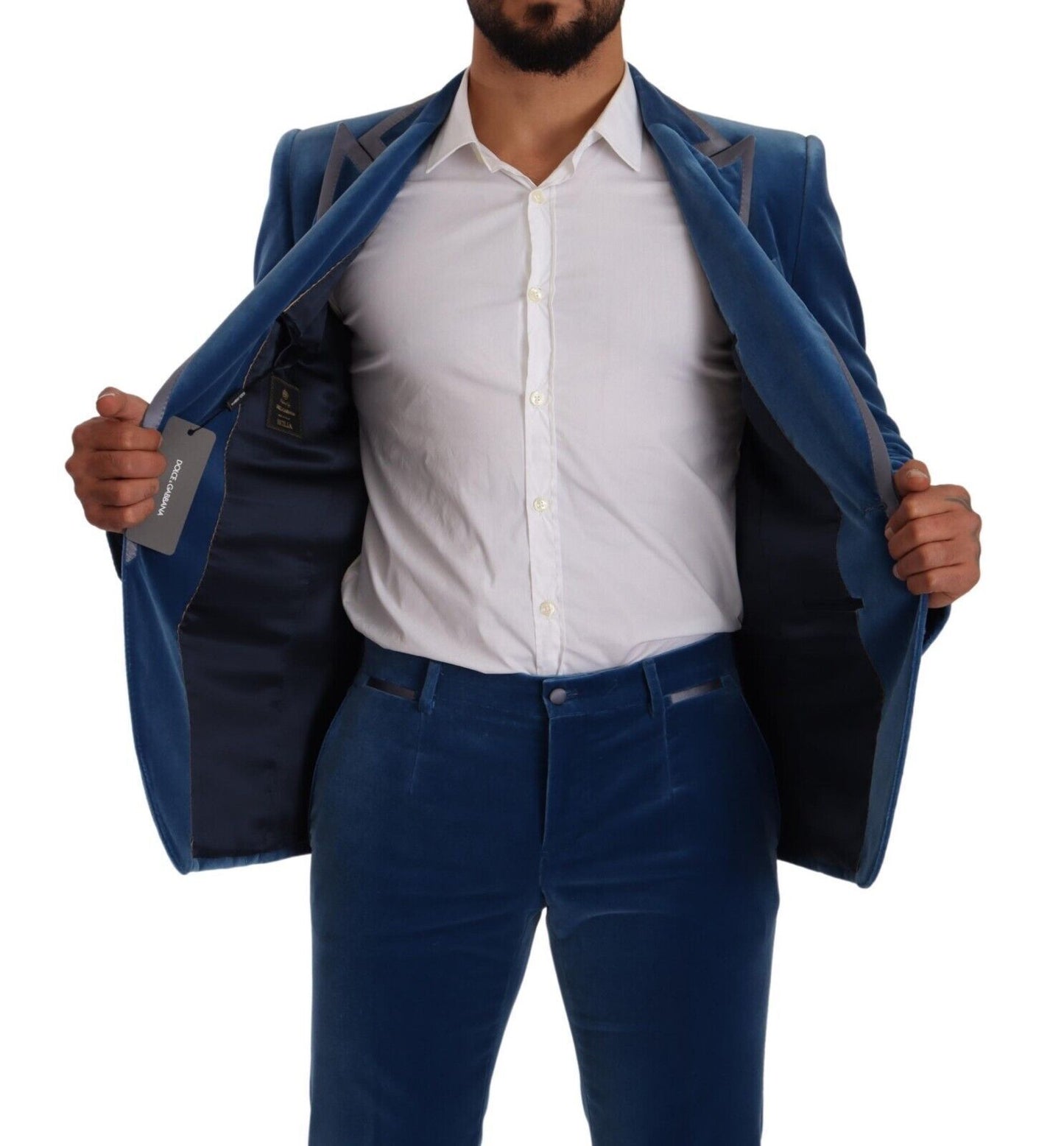 Dolce & Gabbana Elegant Velvet Blue Slim Fit -puku