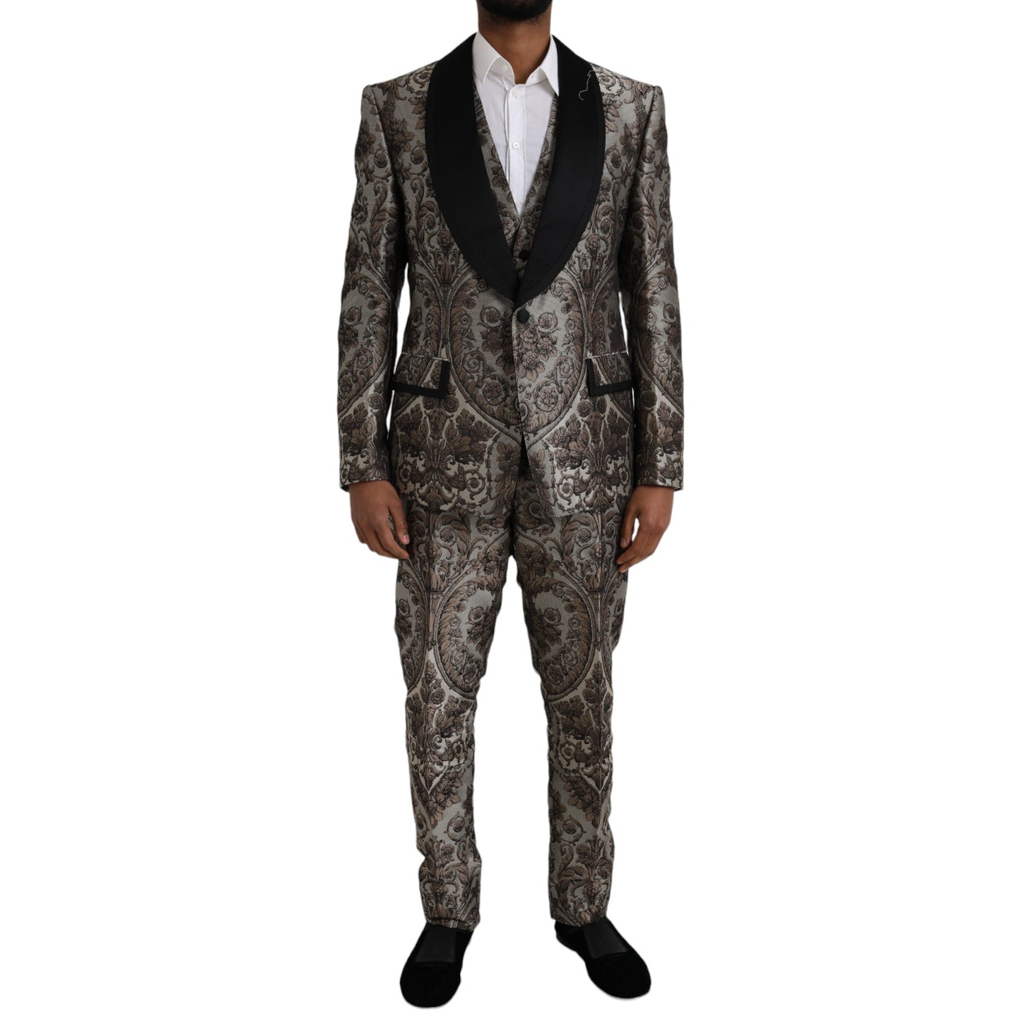 Dolce & Gabbana ruskea kukkainen jacquard-muodollinen 3-osainen puku