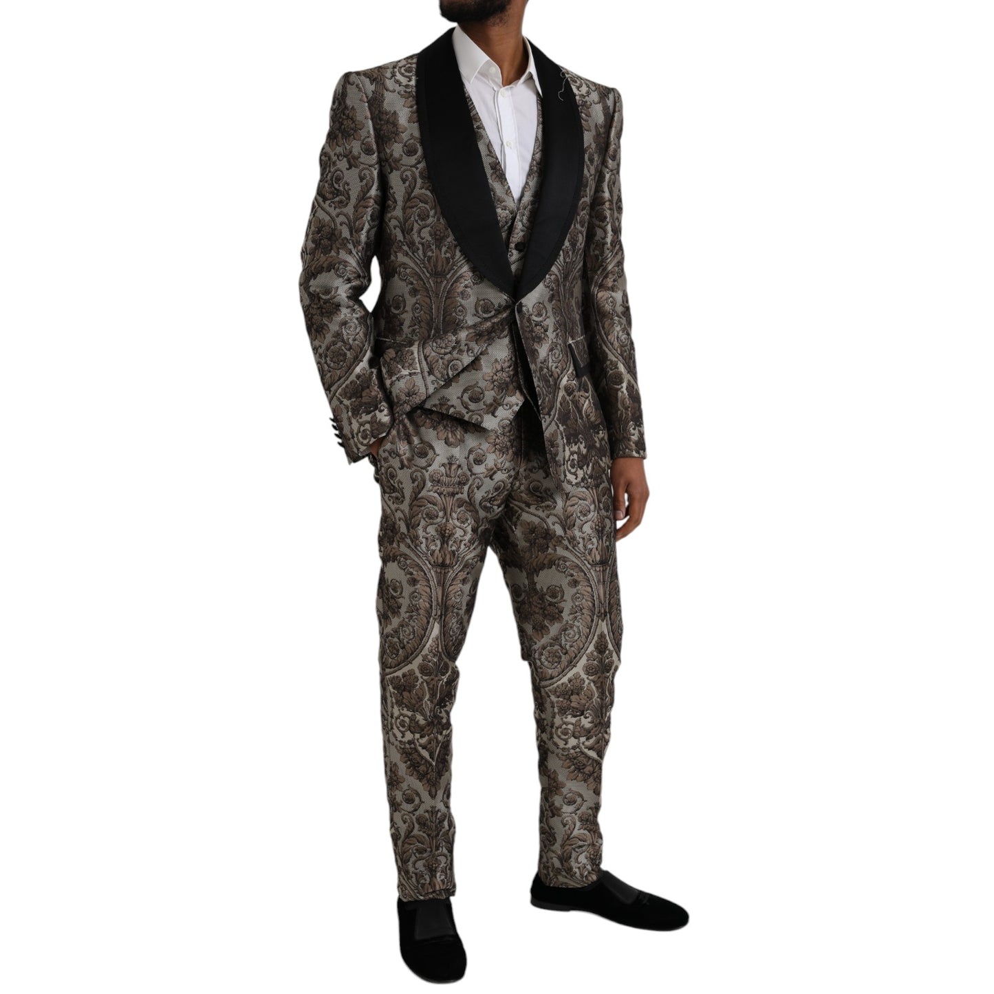 Dolce & Gabbana ruskea kukkainen jacquard-muodollinen 3-osainen puku