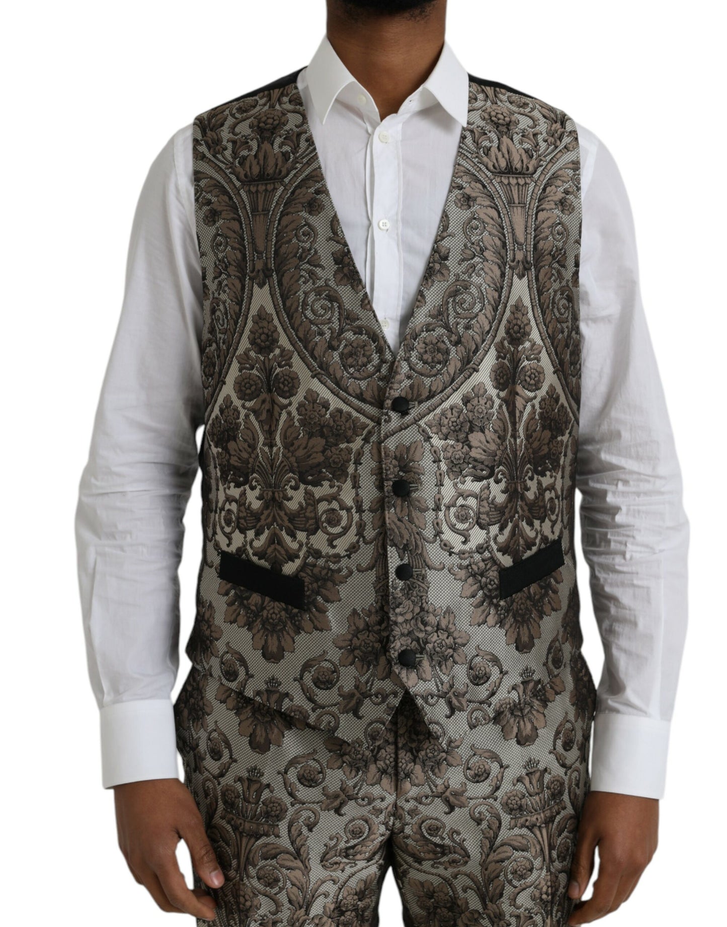 Dolce & Gabbana ruskea kukkainen jacquard-muodollinen 3-osainen puku