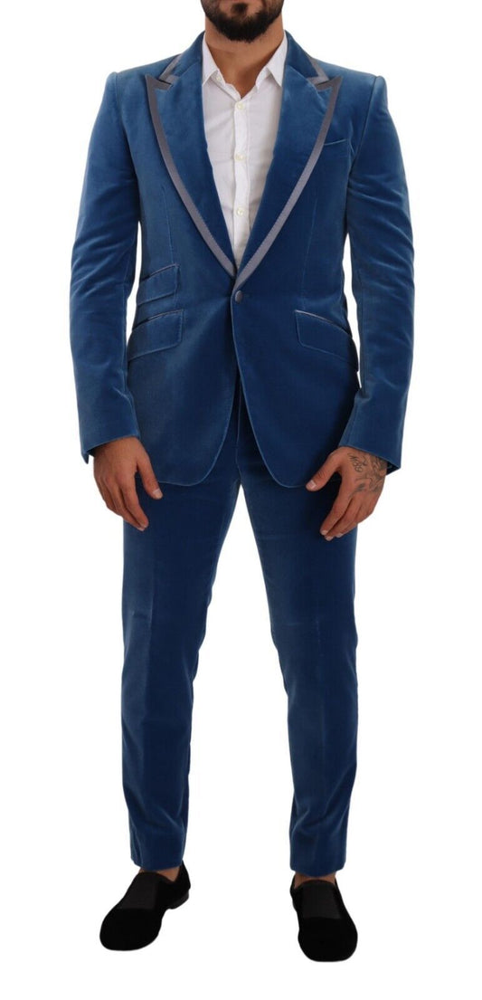 Dolce & Gabbana Elegant Velvet Blue Slim Fit -puku